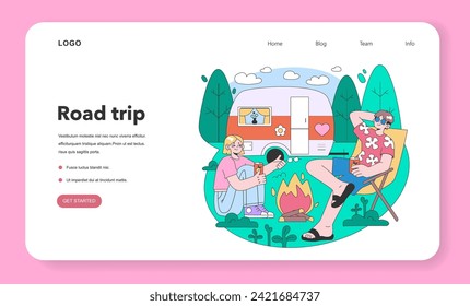 Road trip web banner or landing page. Young people or family going on vacation by a car. Characters driving automobile on holidays, traveling the world together. Flat vector illustration