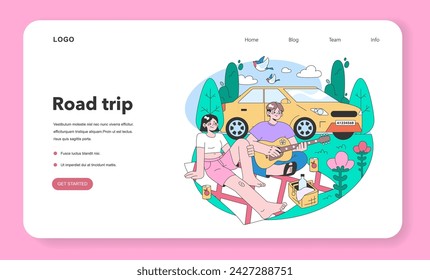 Road trip web banner or landing page. Young people or family going on vacation by a car. Characters driving automobile on holidays, traveling the world together. Flat vector illustration