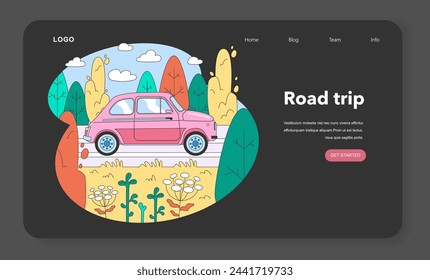 Road trip web banner or landing page night or dark mode. People going on vacation by car. Characters driving automobile on holidays, traveling the world together. Flat vector illustration