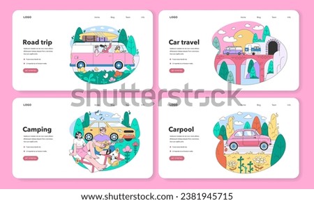 Road trip web banner or landing page set. Young people or family going on vacation by a car. Characters driving automobile on holidays, traveling the world together. Flat vector illustration