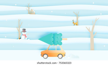 Road trip and Winter landscape with paper art style and pastel color scheme vector illustration