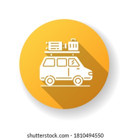 Road trip yellow flat design long shadow glyph icon. Budget tourism, family vacation. Holiday season recreational activity, traveling by car. Auto with luggage silhouette RGB color illustration