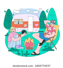 Road trip. Young people or family going on vacation by a car. Characters driving automobile on holidays, traveling the world together. Flat vector illustration