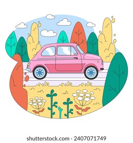 Road trip. Young people or family going on vacation by a car. Characters driving automobile on holidays, traveling the world together. Flat vector illustration