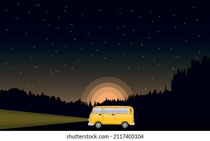 Road Trip.Natural Park Or Forest Background With Bright Yellow Car. Night.