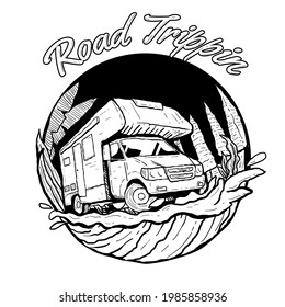 Road trippin hand with campervan in forest and waves below perfect for tshirt, cover or sticker