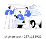 Road tripping isolated cartoon vector illustrations. Group of young male friends go to the trip together, have fun, sitting in a car, hold tablet in hands, summer vacation vector cartoon.