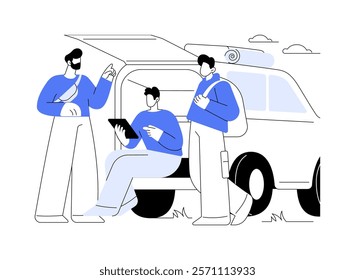 Road tripping isolated cartoon vector illustrations. Group of young male friends go to the trip together, have fun, sitting in a car, hold tablet in hands, summer vacation vector cartoon.