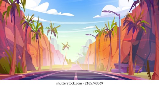 Road at tropical landscape with palm trees and rocks by sides perspective view. Beautiful panoramic background with empty highway, blue cloudy sky and mountains or canyon, Cartoon vector illustration