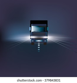 Road and truck front view at night