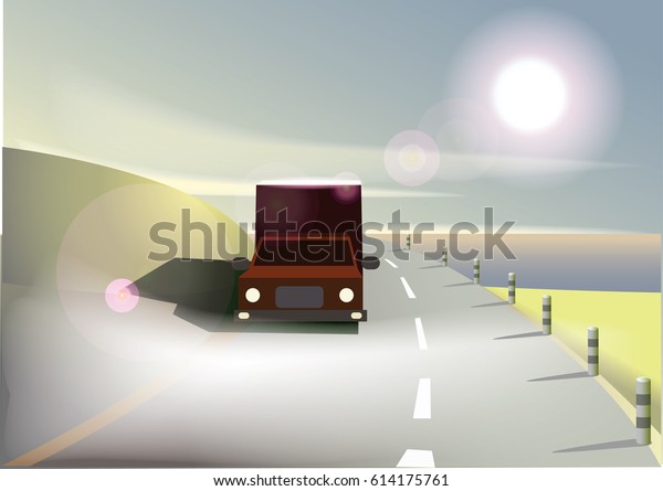 Road and\
truck in the morning. Vector\
illustration.