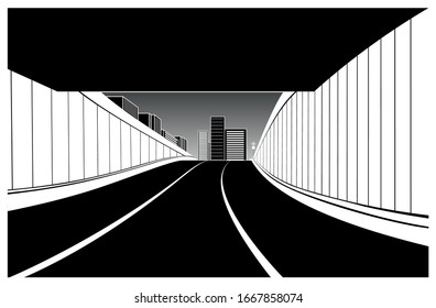 Straßentunnel-Konzept. Horizontale Schwarz-Weiß-Landschaft mit dem Ausgang aus dem Tunnel. Aussicht auf die Gebäude, die Stadt aus dem Tunnel. Vektorillustration im Flachstil.