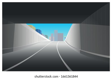 Road tunnel concept. Horizontal landscape with the exit from the tunnel. View of the buildings, the city from the tunnel. Vector illustration in a flat style. Road Junction.