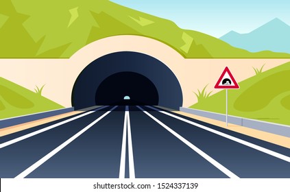 Road tunnel concept. Horizontal mountain landscape with entrance to the tunnel. Vector illustration in flat style