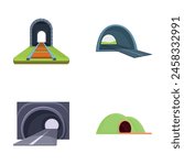 Road tunnel icons set cartoon vector. Interior of walkway tunnel road. Infrastructure concept