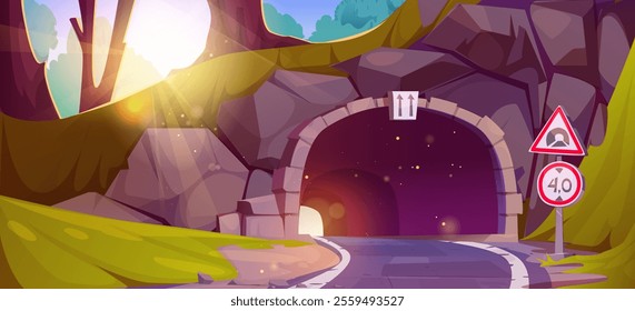 Road tunnel in summer forest. Vector cartoon illustration of highway under stone arch in mountain or hill, park with green grass, bushes and trees, bright sunlight flare, roadside warning signs