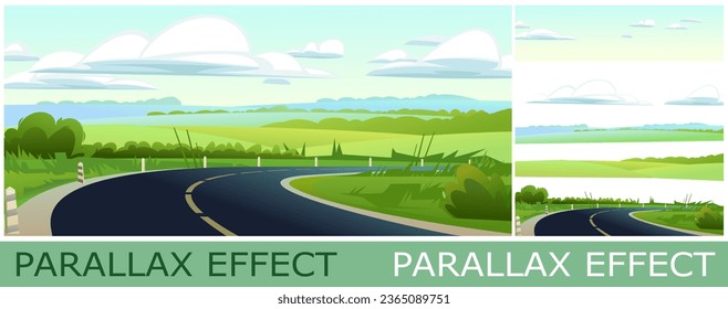 Road turn. Summer landscape with far fields and meadows. set of slides create parallax image layer. Cartoon style. Isolated on white background. Vector.