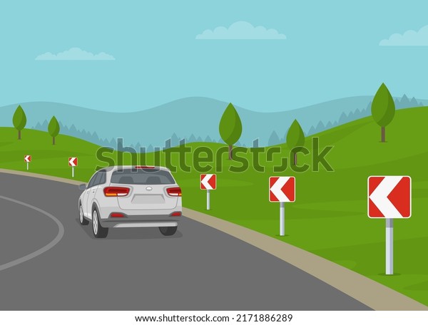 The road is turning in the\
direction of the arrow. Sharp curve or turn sign. Back view of a\
white suv car on the road. Flat vector illustration\
template.