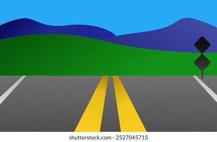 A road with two lanes in the middle in the background of a hill and nature on the right road sign The whole illustration is with the effect of noise with a small grain - Vector