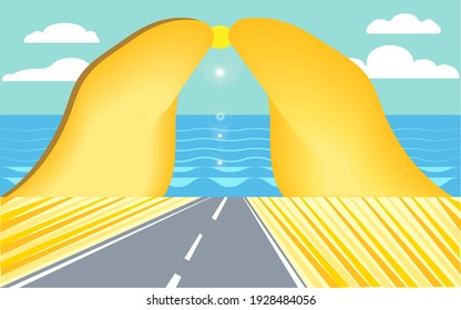 Carretera, dos rocas, mar embravecido con olas bajo el caluroso sol