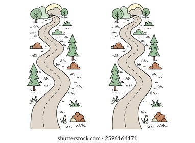 Road Two Ways vectors, A concept illustrating the choice between a difficult and an easy path. This vector cartoon landscape features a fork in the road with a direction sign, showing one winding.