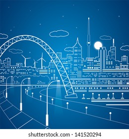 Road under the bridge, neon lights town, city infrastructure, night scene, vector design art