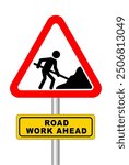 Road under construction sign vector illustration, Under construction road sign, Man digging ground sign isolated, Road Construction Signs,  Work in progress, warning sign, Road work ahead.