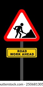 Road under construction sign vector illustration, Under construction road sign, Man digging ground sign isolated, Road Construction Signs,  Work in progress, warning sign, Road work ahead.