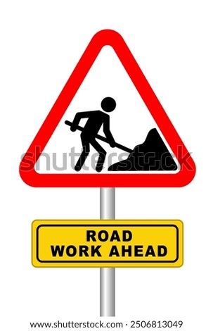 Road under construction sign vector illustration, Under construction road sign, Man digging ground sign isolated, Road Construction Signs,  Work in progress, warning sign, Road work ahead.