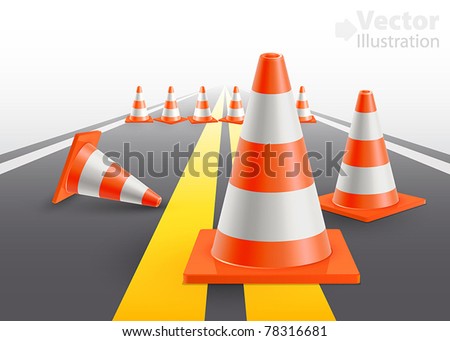 Road with under construction traffic cones. Vector illustration