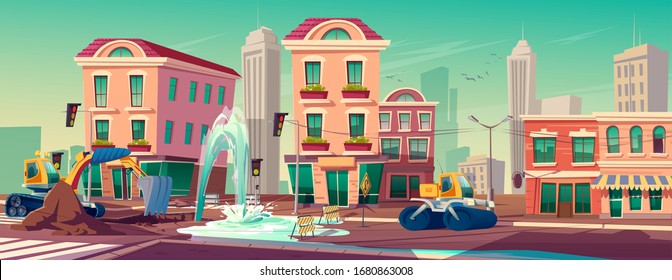 Road under construction with water fountain flow from hole in asphalt pavement fenced with traffic sign on city street. Engineering works with machinery on roadway town, Cartoon vector illustration