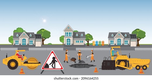 Road under construction.Workers change the asphalt, repair the road surface. Road roller makes the paving on street. flat style design Vector illustration.