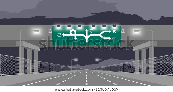 Road\
underpass Highway or motorway and green signage at nighttime\
illustration isolated on dark sky\
background