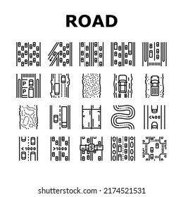 Road Urban And Country Highway Icons Set Vector. Expressway And Local Street Road Constructed From Bituminous And Cement Concrete, Avenue And Murram. Low And High Traffic Black Contour Illustrations