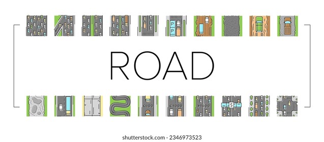 Road Urban And Country Highway Icons Set Vector. Expressway And Local Street Road Constructed From Bituminous And Cement Concrete, Avenue And Murram. Low And High Traffic Color Illustrations