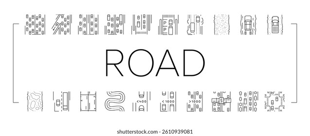 Road Urban And Country Highway Icons Set Vector. Expressway And Local Street Road Constructed From Bituminous And Cement Concrete, Avenue And Murram. Low And High Traffic Black Contour Illustrations