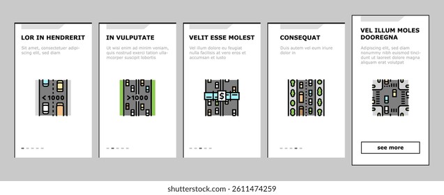 Road Urban And Country Highway onboarding mobile vector. Expressway And Local Street Road Constructed From Bituminous And Cement Concrete, Avenue And Murram. Low And High Traffic Color Illustrations