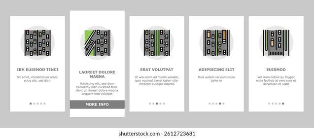 Road Urban And Country Highway onboarding mobile vector. Expressway And Local Street Road Constructed From Bituminous And Cement Concrete, Avenue And Murram. Low And High Traffic Color Illustrations