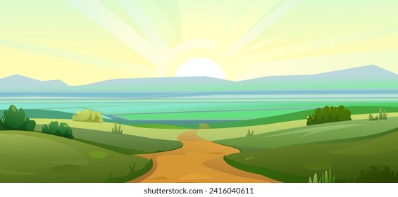 Camino al valle con campos. Montañas en el horizonte. Paisaje paisajístico. Divertido estilo de caricatura. Vector