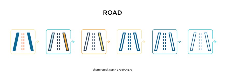 Road vector icon in 6 different modern styles. Black, two colored road icons designed in filled, outline, line and stroke style. Vector illustration can be used for web, mobile, ui