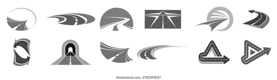 Straßen-Vektorsymbole festgelegt. Symbole von Autobahnen und Autobahnen mit Tunneln und Verkehrszeichen und Richtungspfeilen für Transport oder Reparatur und Bauleistungen oder Reise- und Navigationsunternehmen