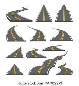 Road vector illustration. Curved and ditrection highway with markings. Road set.