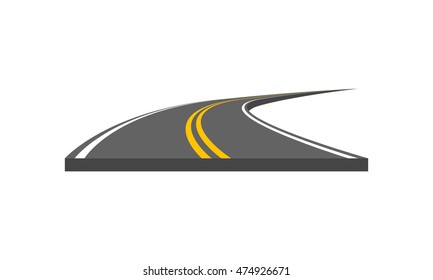 Road vector illustration. Curved highway with markings.