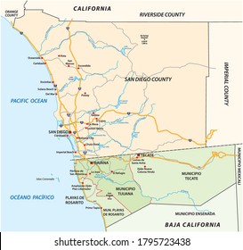 Mapa de vectores de carretera de la aglomeración transfronteriza San Diego-Tijuana, México, Estados Unidos