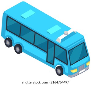 Road vehicle designed to carry passengers. Big blue bus for transporting people around town. Vehicle, urban public transport. Autobus for schoolchildren or city passengers vector illustration