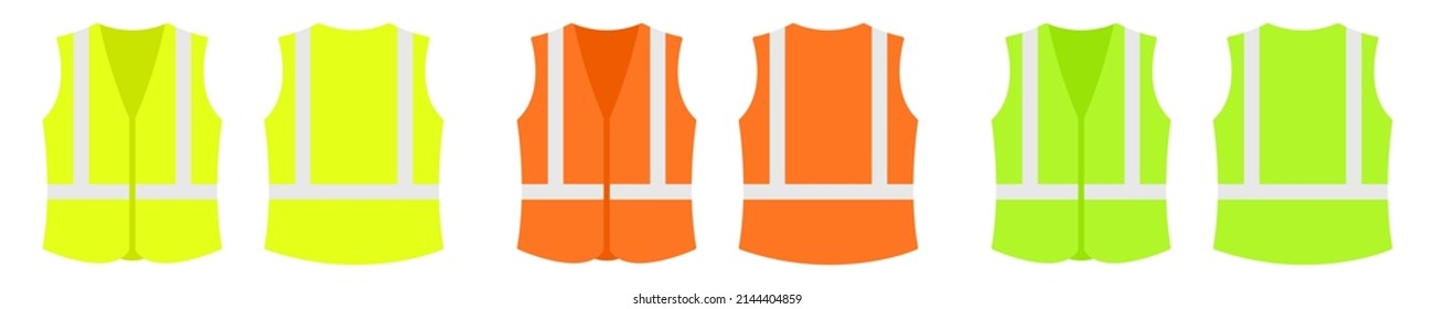 Road Vest With Reflective Stripes. Set Of Safety Vest : Green, Orange And Yellow Color. Mockup Worker Uniform.