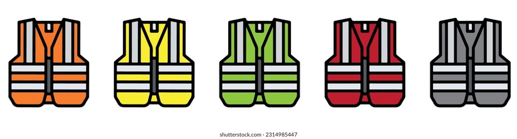 Road vest with reflective stripes. Set of safety vest : green, orange and yellow color. Mockup worker uniform.EPS 10