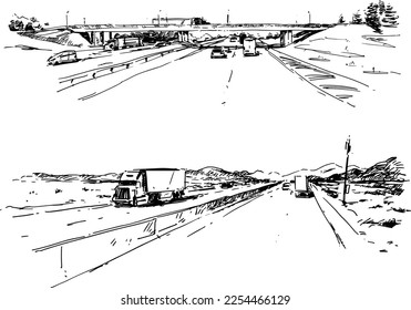 Road View. Hand drawn illustration set.