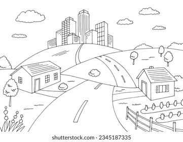 Road from the village to the city graphic black white sketch illustration vector