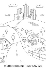 Road from the village to the city graphic black white vertical sketch illustration vector 